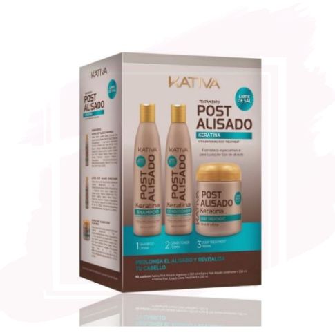 Kativa Kit Post Alisado de Keratina x3 Champú + Acondicionador + Mascarilla